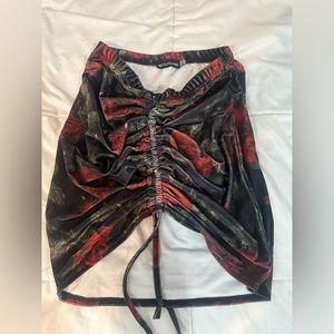 Black Velvet Rose Print Ruched Mini Skirt